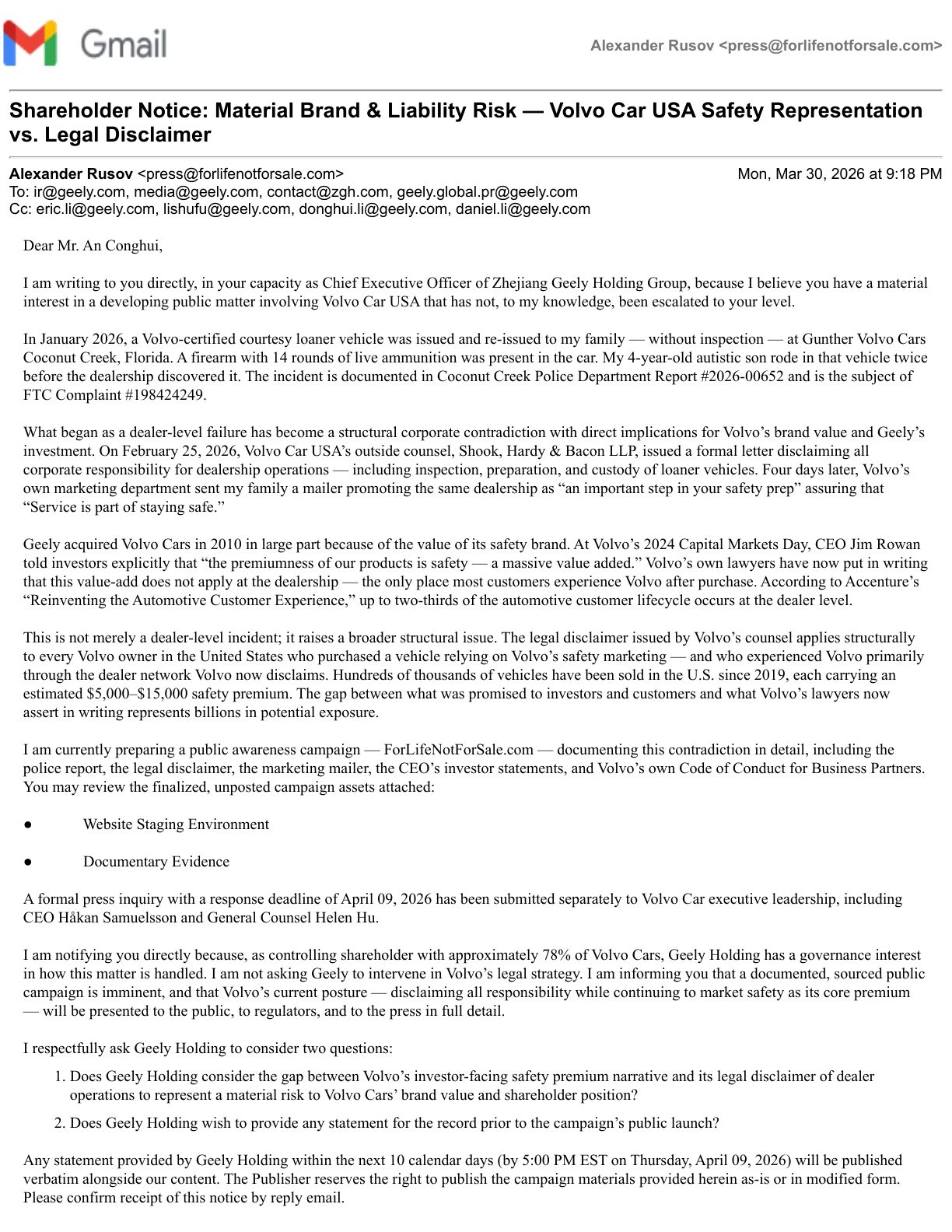 Press Inquiry to Geely Holdings — April 9, 2026 — Page 1