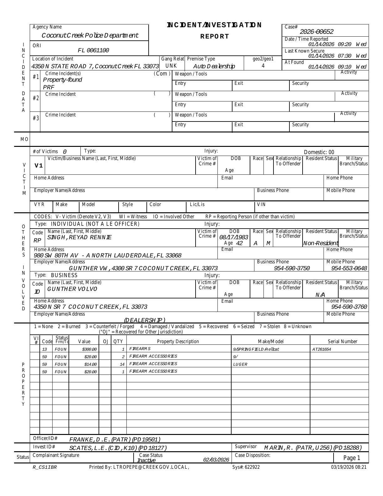 Police Report — Case #2026-00652 — Page 1