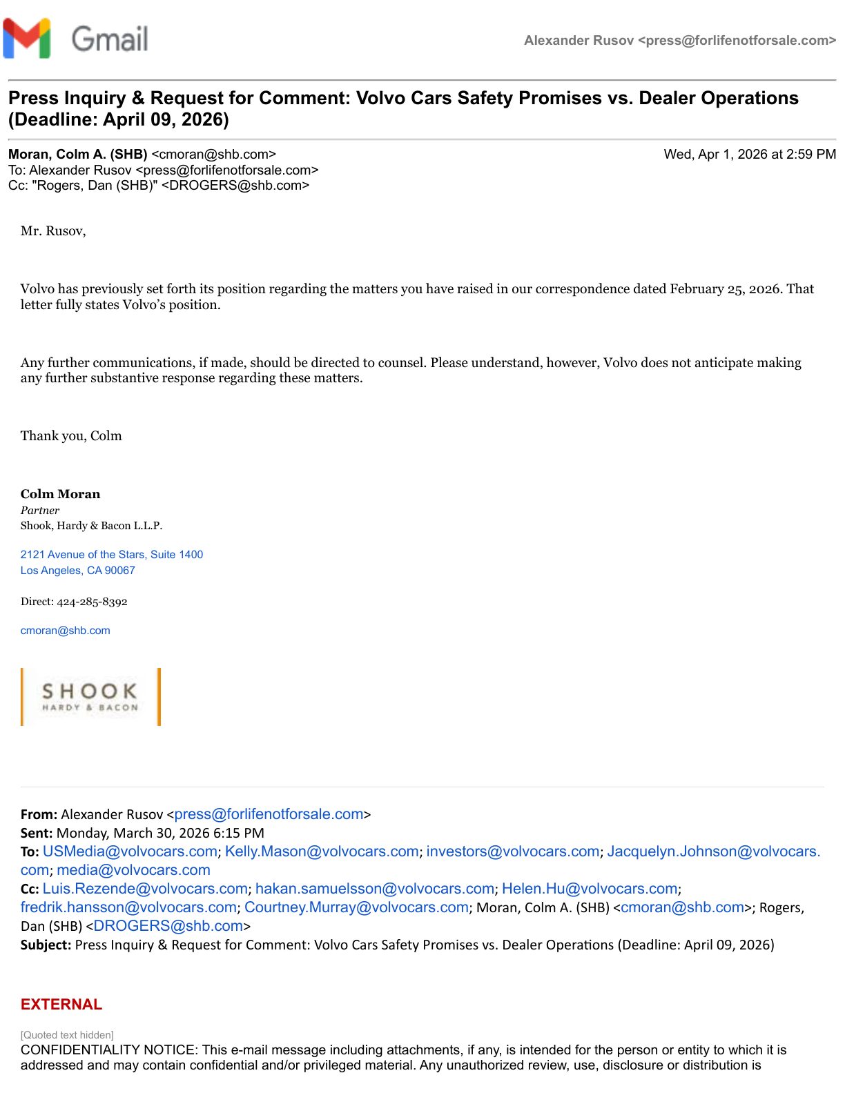 Volvo Non-Response — April 1, 2026 — Page 1