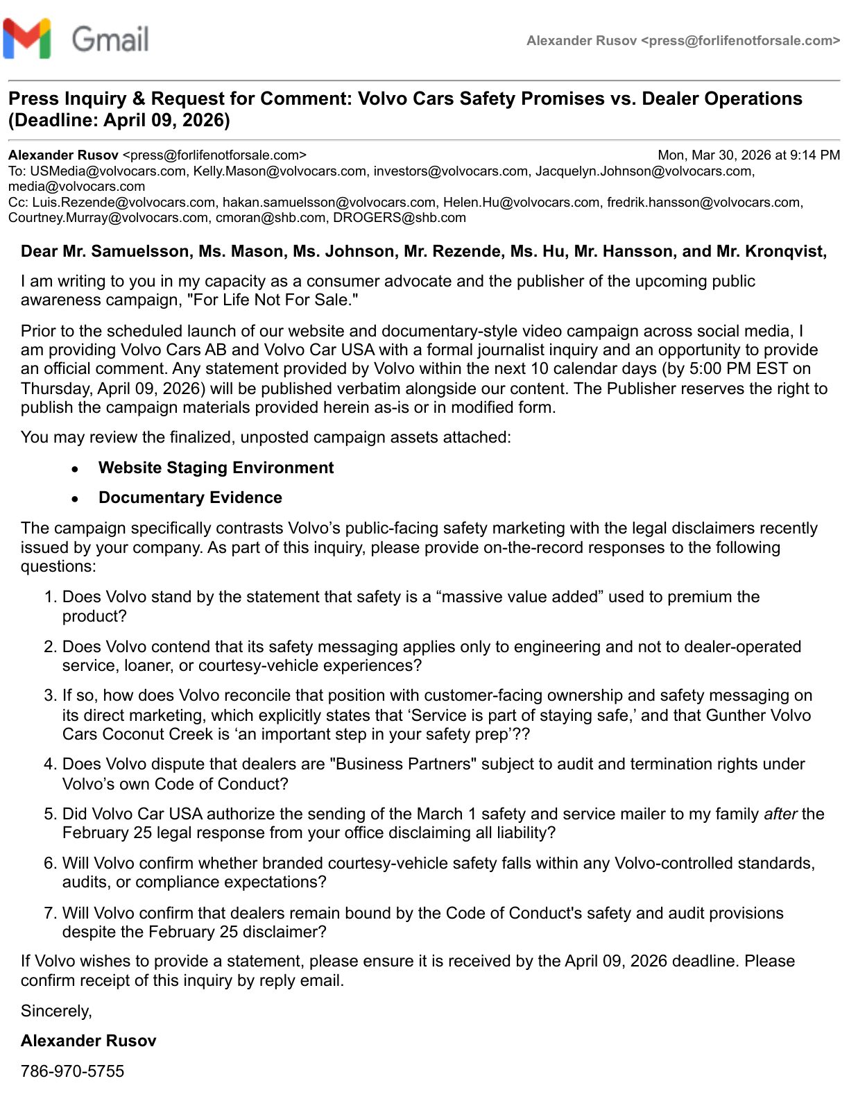 Press Inquiry to Volvo — Seven Questions — Page 1