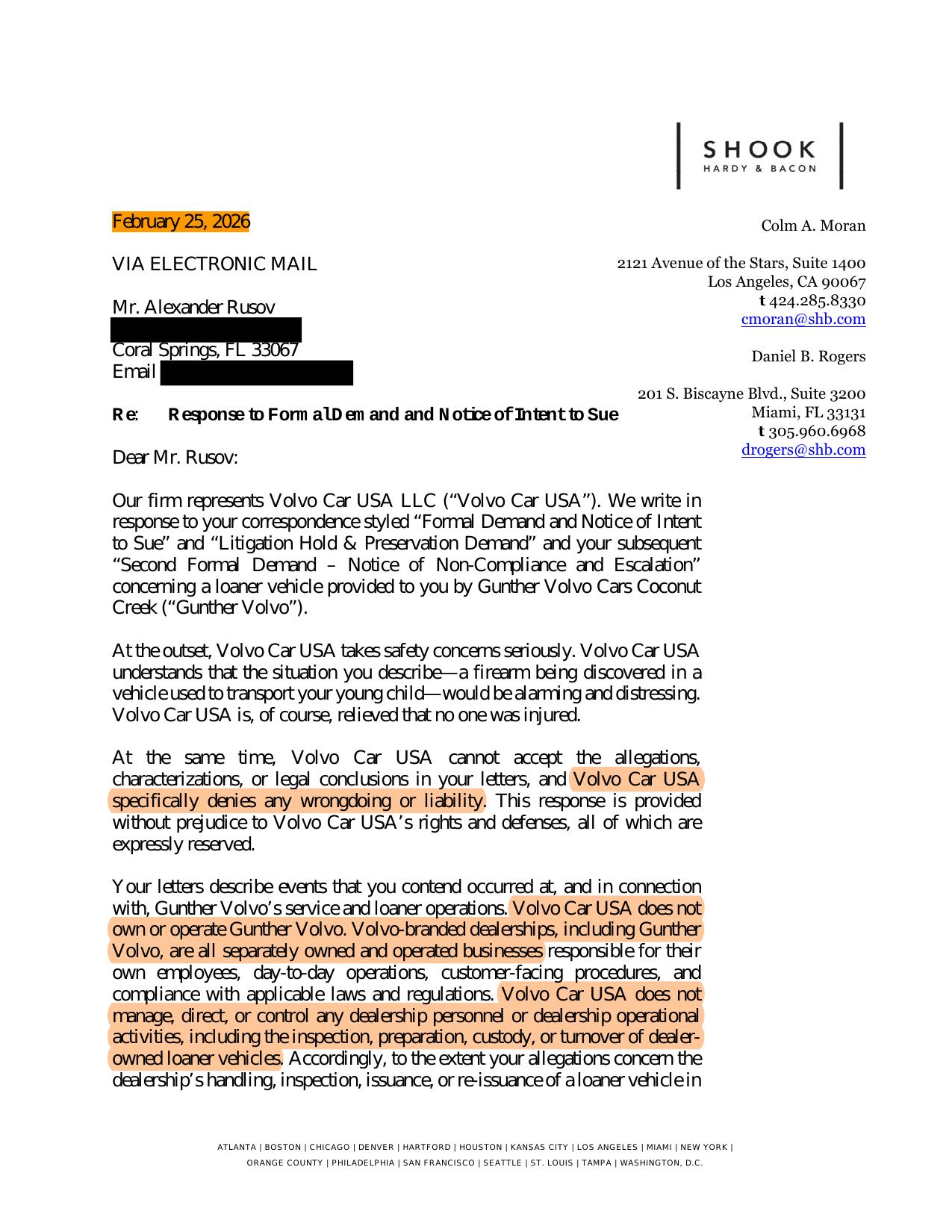 Attorney Response Letter — Shook, Hardy & Bacon LLP — February 25, 2026 — Page 1